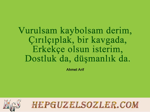 Ahmet-Arif-Sozleri-1 - Vurulsam kaybolsam derim  Çırılçıplak bir kavgada  Erkekçe olsun...